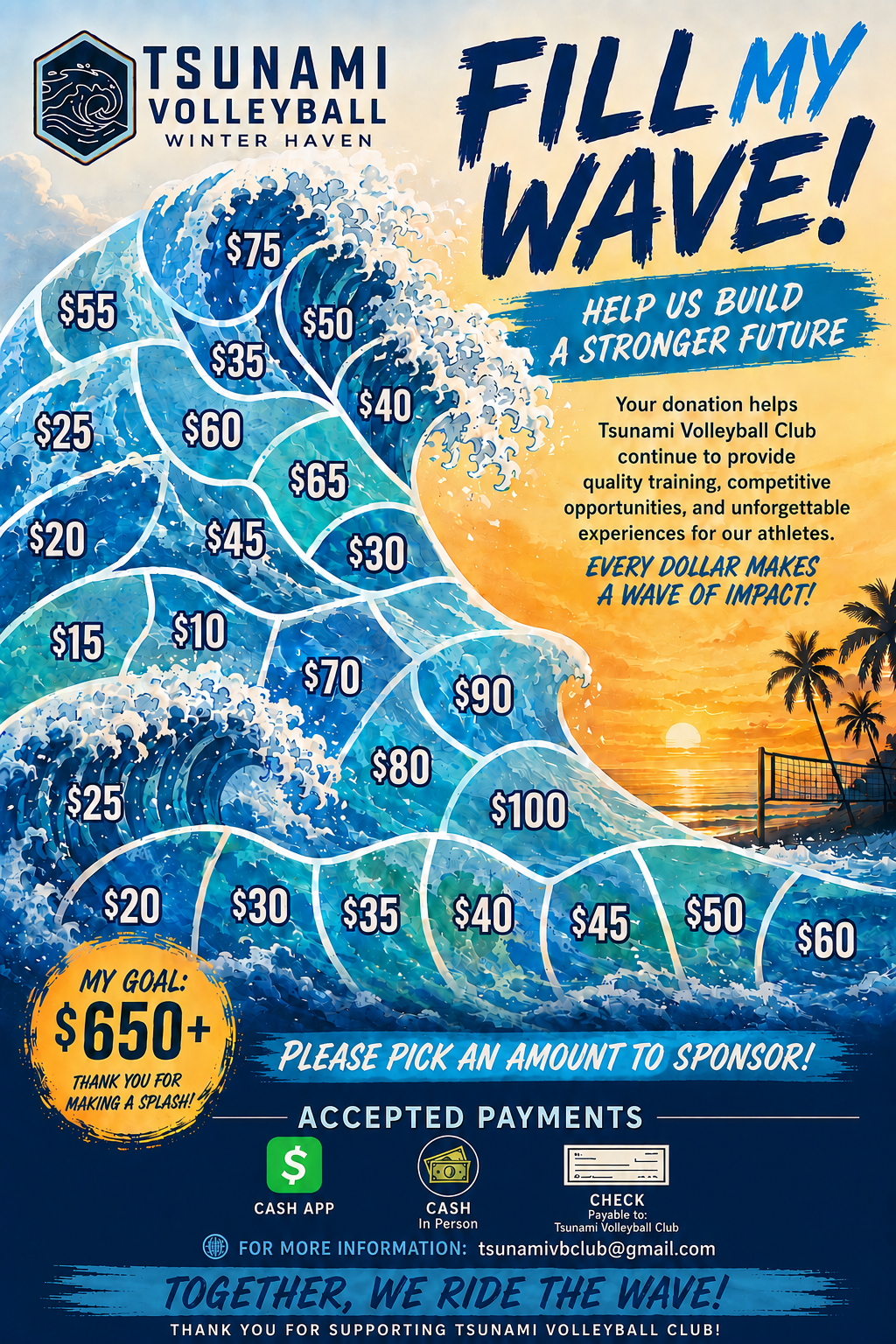 Fill My Wave athlete sponsorship flyer with donation amounts and accepted payment methods