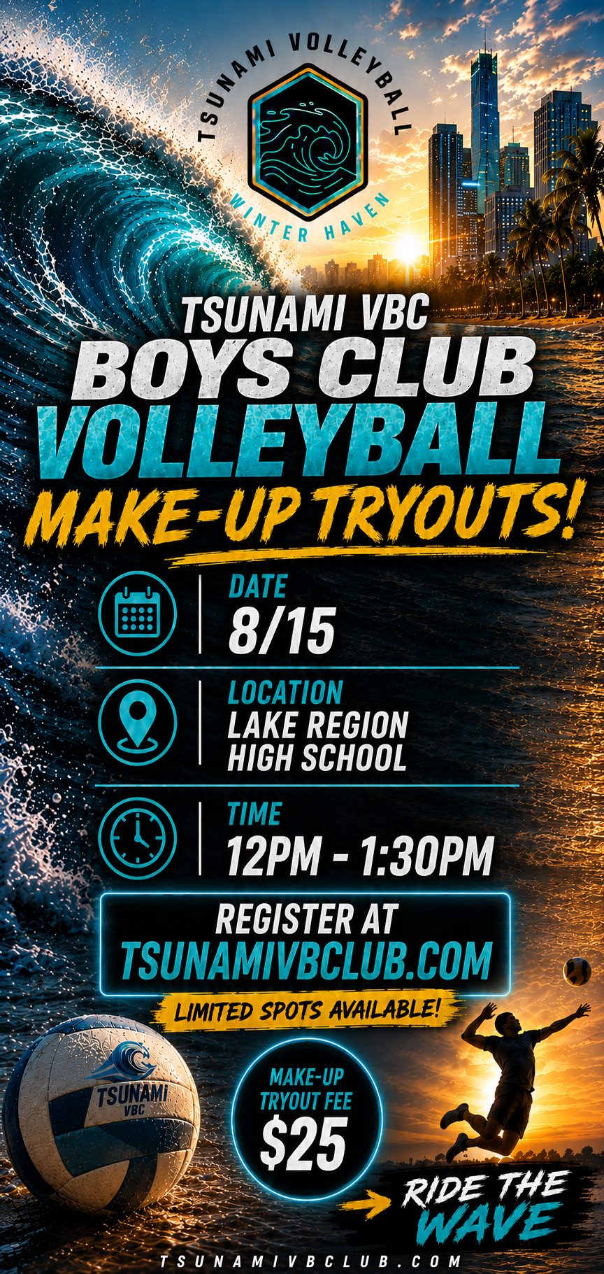 Tsunami VBC Boys Club Volleyball Make-Up Tryouts — 8/15, Lake Region High School, 12PM–1:30PM, $25 make-up tryout fee.