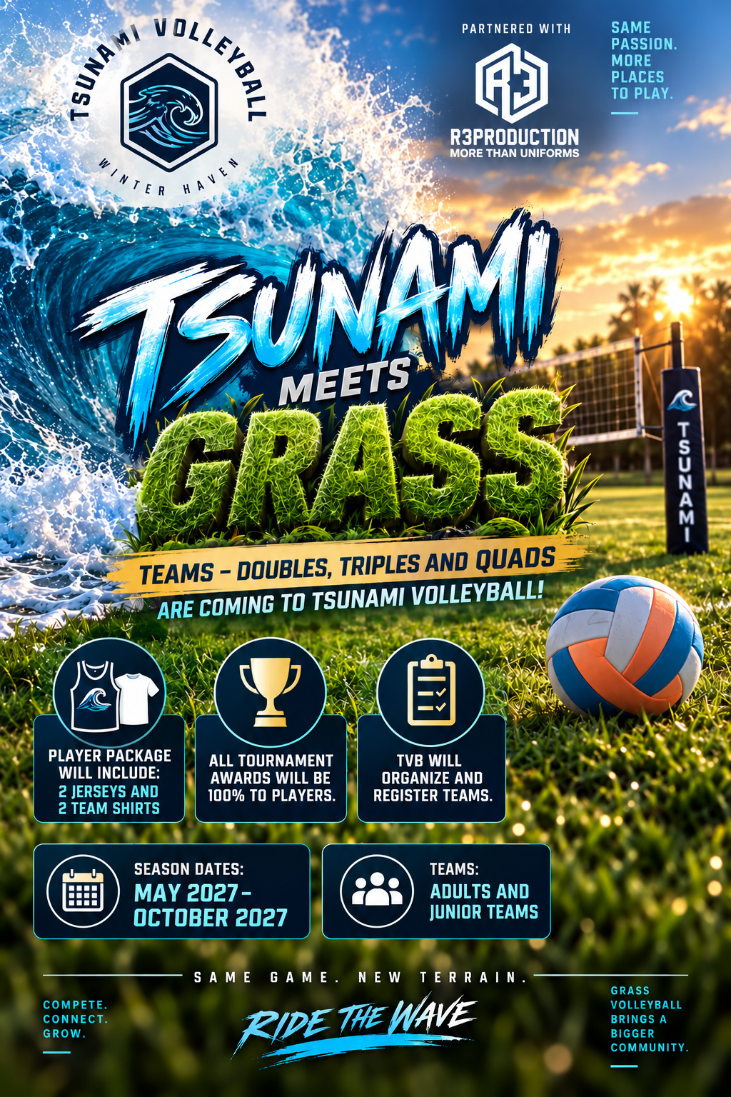Tsunami Meets Grass flyer — doubles, triples, and quads for adults and juniors, season May–October 2027