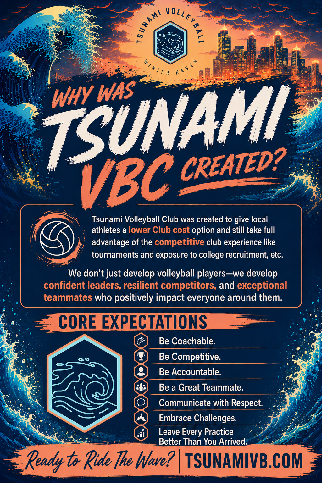 Why was Tsunami VBC created? Club mission and core expectations flyer